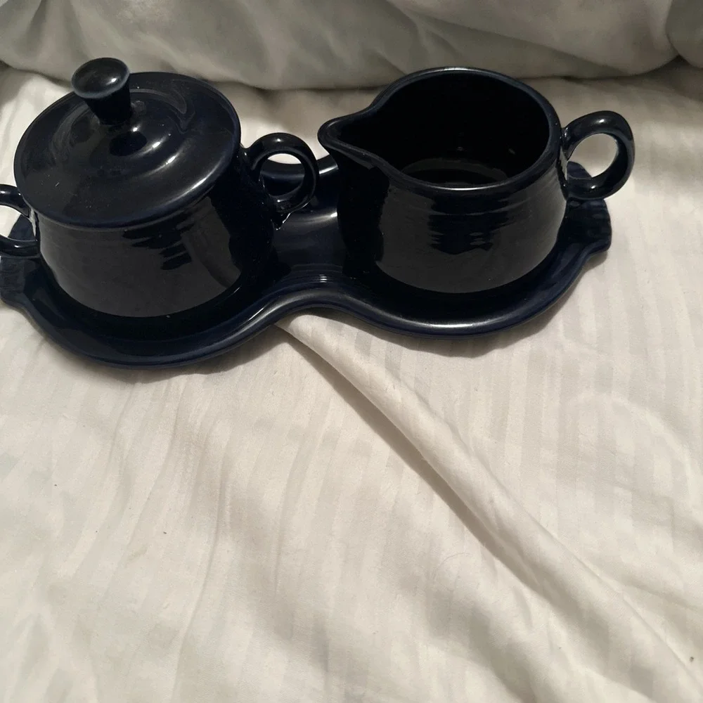 Fiestaware Cobalt Blue Creamer Sugar Bowl Lid Tray Set Homer Laughlin Post 1986